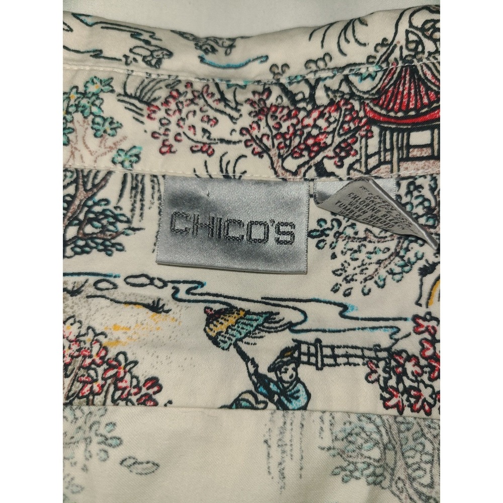 Chico's Asian Landscape Print Button Up Shirt Women Size M Long Sleeve Collared - Picture 12 of 13